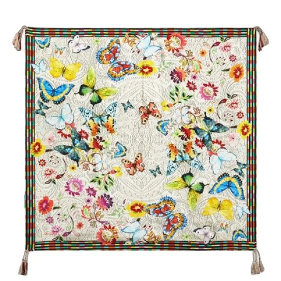 Johnny Was Mitchie Butterfly Silk Scarf Square Large Floral Tassels White NEW - Picture 1 of 7